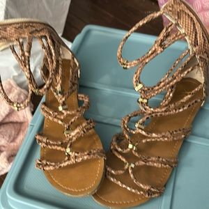 Gladiator sandals, flat brown black looks like snake skin material